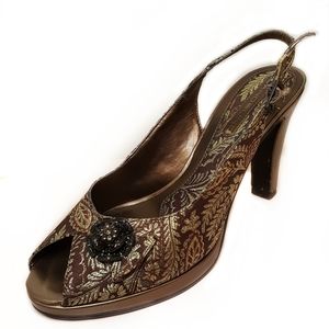 Bandolino Peep Toe Heels w/ Strap Bronze Floral, Vintage-look, Size 8.5